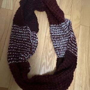 Burgundy and White Knit Infinity Scarf